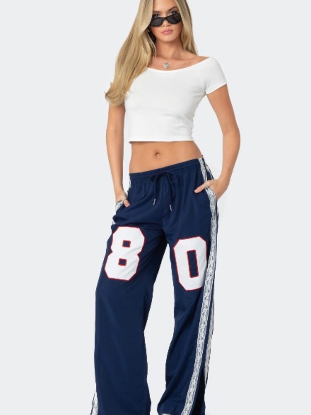 Edikted Navy Sweatpants with White 80 and Red Trim